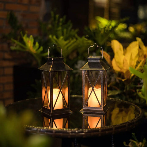 Outdoor Hanging Solar Lanterns Waterproof LED Lights For Porch Garden Patio Pathway Deck Yard Bronze Finish Two Pack