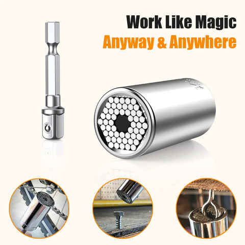 Ultimate Universal Socket Tool Set With Power Drill Adapter 7mm To 19mm Range, shown with hex pattern and drill adapter