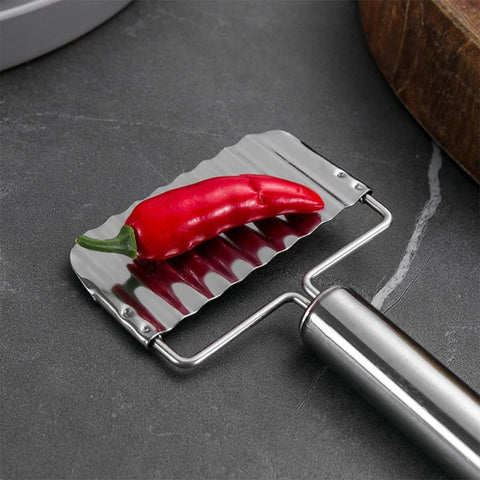 NUOBESTY stainless steel ripple potato slicer crinkle cutter; front view, kitchen gadget for fries and vegetables