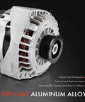 Close-up of a Rugged 12 Volt 160 Amp Alternator For Chevy Silverado 1500 Tahoe Suburban GMC Sierra Yukon Cadillac Escalade Hummer H2 With 6 Groove Pulley CW Replace 15093928 15857608 ADR0369 showcasing die-cast aluminum alloy construction