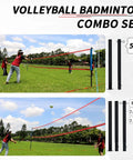 Badminton And Volleyball Combo Set With 32-Foot Adjustable Net For Lawn And Backyard Easy Setup Pro Grade Volleyball Net Includes Volleyball Badminton Racquets Carry Bag And Boundary Lines For Family Fun setup on grass field.