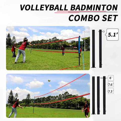 Badminton And Volleyball Combo Set With 32-Foot Adjustable Net For Lawn And Backyard Easy Setup Pro Grade Volleyball Net Includes Volleyball Badminton Racquets Carry Bag And Boundary Lines For Family Fun setup on grass field.