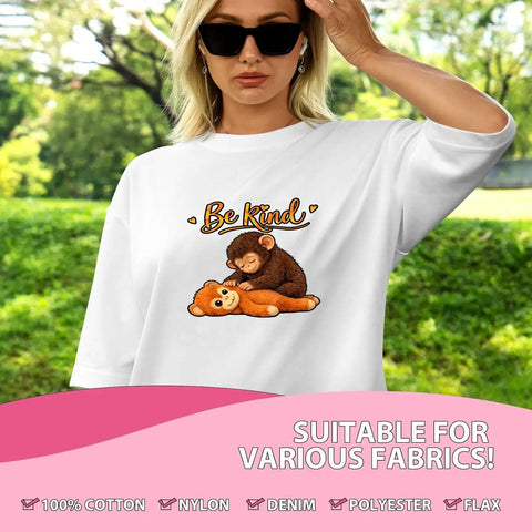 Woman wearing Cute Babys Monkey Punchs Team DTF Transfers, 7x7 inch, on white shirt.
