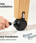 Smooth As Silk Heavy Duty 1.5 Inch Swivel Caster Wheels Set Of Four being installed on wooden furniture with stainless steel screws.