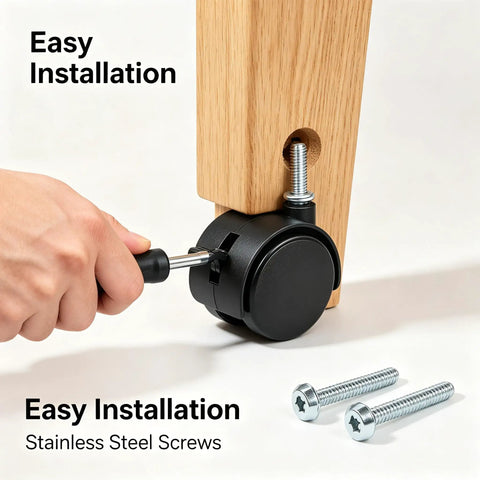 Smooth As Silk Heavy Duty 1.5 Inch Swivel Caster Wheels Set Of Four being installed on wooden furniture with stainless steel screws.