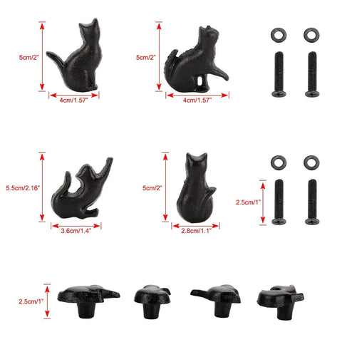 Four Pose Cat Cast Iron Drawer Knobs For Dresser Cabinet Wardrobe And Bookcase Vintage Kitty Pull Handles black 5cm, with screws