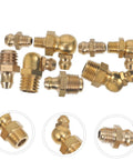 Brass Grease Fitting Kit One Set With Straight And Angled Zerk Nozzles For Automotive And Industrial Use Storage Box Included All In One Lubrication Component Kit For Efficient Maintenance, close-up of fittings.