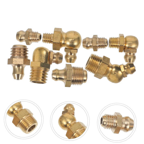 Brass Grease Fitting Kit One Set With Straight And Angled Zerk Nozzles For Automotive And Industrial Use Storage Box Included All In One Lubrication Component Kit For Efficient Maintenance, close-up of fittings.