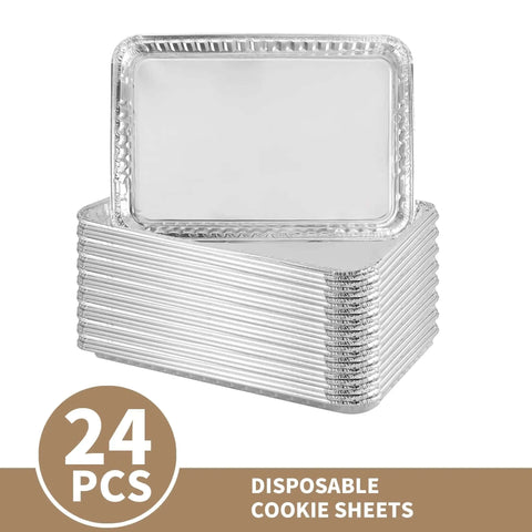 Stack of 24 aluminum disposable cookie sheets 16 by 11 inch for baking and roasting grilling pans nonstick oven safe tin foil trays