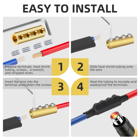Installation steps for 10 Pack 6-10 AWG Wire Connector Kit With 80 Amp Quick Wiring Terminals, Splice Connectors, and Heat Shrink Tubing