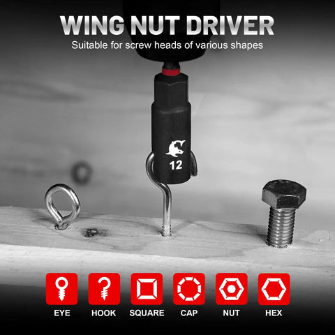 55 Piece Magnetic Impact Nut Driver Kit With Deep And Shallow Sockets, Wing Nut Setter in use on a wooden board