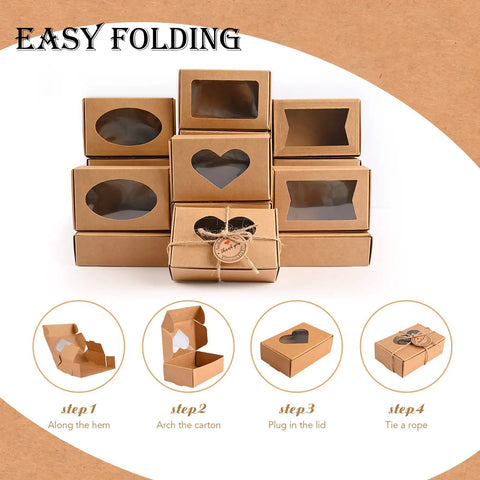 Brown Soap Boxes With Clear Window 32 Pack In 4 Shapes 3.54 X 2.36 X 1.18 Inch Handmade Soap Packaging Gift Boxes With Tags Displayed