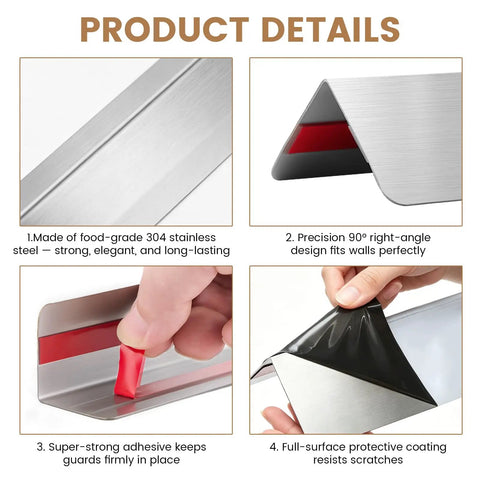 Built Different 304 Stainless Steel Corner Guards With Smooth Rounded Edges On Walls Doors And Counters Ultra Tough Bump Shield adhesive detail.