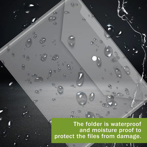 Waterproof clear plastic envelope with snap closure showing moisture resistance, A4 size, part of 100 pack for school office travel home.