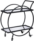 Modern Black Two Tier Bar Cart With Mirror Trim And Metal Frame Rolling Mini Drink Station And Kitchen Serving Caddy for whiskey and cocktails, showcasing its circular design and mirrored shelves.
