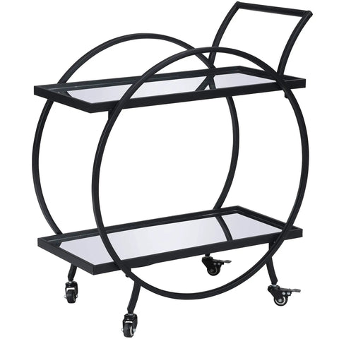 Modern Black Two Tier Bar Cart With Mirror Trim And Metal Frame Rolling Mini Drink Station And Kitchen Serving Caddy for whiskey and cocktails, showcasing its circular design and mirrored shelves.