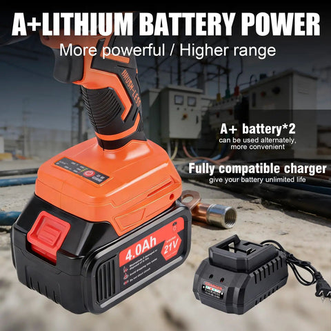 Heavy Duty Electric Battery Lug Crimping Tool With Rechargeable Brushless Motor And Solid 12 Ton Hydraulic Force Paired With Nine Precision Dies for A+ Lithium battery and compatible charger.