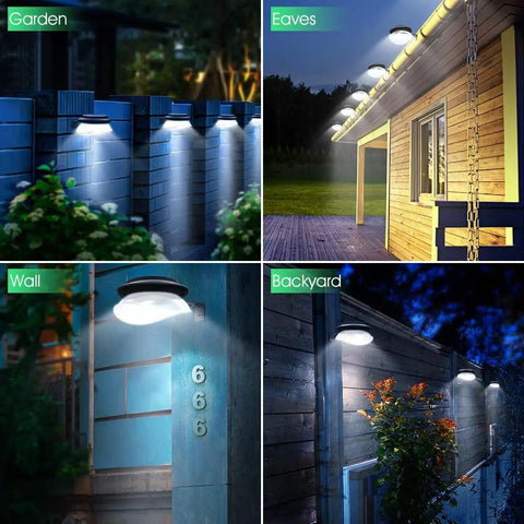 UFO Style Solar Gutter Lights Outdoor Waterproof LED Fence And Deck Lighting Wall Mount Decor Auto On Off for gardens, walls, eaves, and backyards.