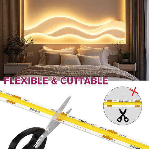 Bedroom with warm, glowing 3000K COB LED Strip Light, flexible and cuttable, highlighting modern wall decor above bed.