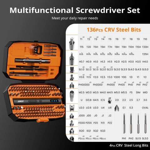Open compact 155 in 1 mini electric screwdriver cordless set showing bits and tools, ideal for PC, PS5, iPhone repairs.