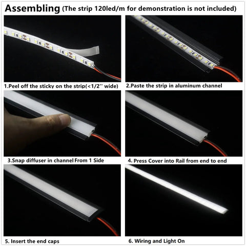 Installation steps for 10 Pack 3.3ft LED Aluminum Channel Diffuser Kit With Milky Cover For Under Cabinet Lighting Shelves In Matte Black Anodized Track