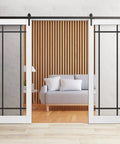 Double Barn Door With Clear Glass In White Silk Finish For Interior, Heavy Duty Black Rail Track System With 13 Ft Hangers