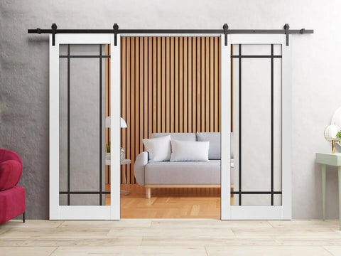Double Barn Door With Clear Glass In White Silk Finish For Interior, Heavy Duty Black Rail Track System With 13 Ft Hangers