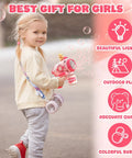 Cute Pink Bear Automatic Bubble Gun For Girls Ages 3 4 5 6 7 8 With Music And Mover Maker Blower Machine held by girl outdoors.