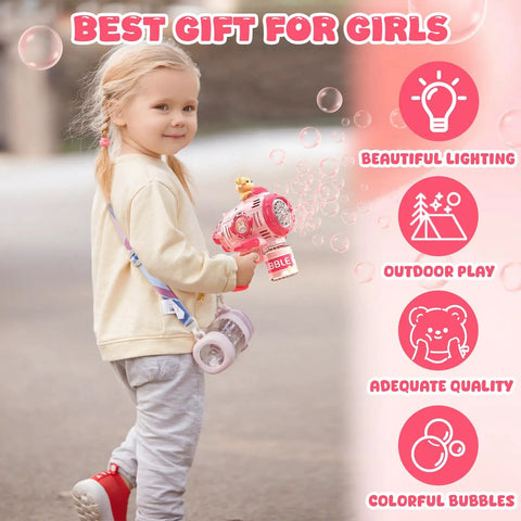Cute Pink Bear Automatic Bubble Gun For Girls Ages 3 4 5 6 7 8 With Music And Mover Maker Blower Machine held by girl outdoors.
