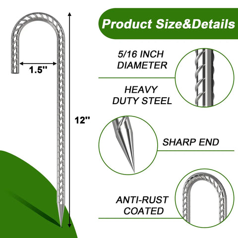 Tough As Nails Heavy Duty 12 Inch J Hook Rebar Stakes, 6 Pack, 5/16 Inch Galvanized Ground Anchors details with dimensions.