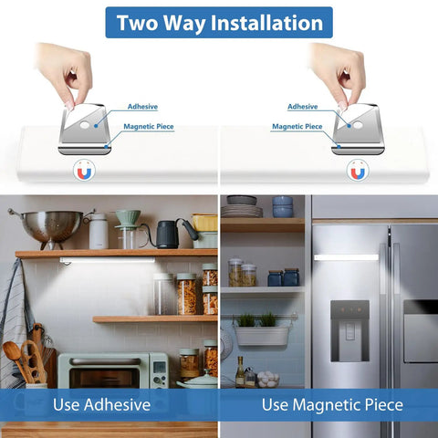 Two installation methods of 11.8 Inch Under Cabinet Light With Motion Sensor, Cordless Magnetic Closet Lighting, USB Charge, 2 Pack