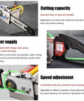 High Torque Electric Concrete Wall Saw Featuring Built Like A Tank Diamond Chain Blade For Fast Grooving Clean Slotting And Smooth Masonry Cutting Projects, details showing water supply and cutting adjustments.