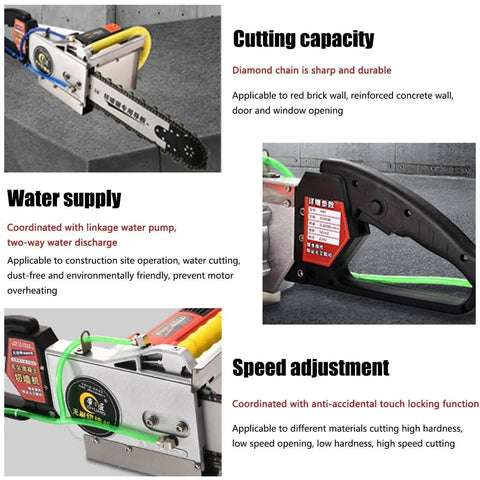 High Torque Electric Concrete Wall Saw Featuring Built Like A Tank Diamond Chain Blade For Fast Grooving Clean Slotting And Smooth Masonry Cutting Projects, details showing water supply and cutting adjustments.