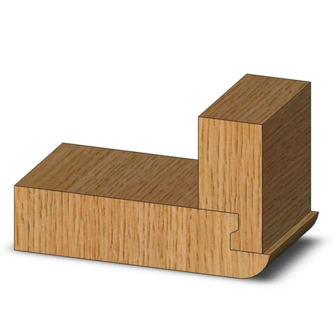 Kickass Carbide Tipped Locking Rabbet Router Bit For Smooth Drawer Assembly With Three Quarter Inch Body And Half Inch Cut Depth For Hardcore Woodworking Projects And Fine Cabinet Work, showcasing a router cut profile in wood.
