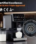 Heavy Duty Espresso Coffee Maker With Adjustable Grinder And Automatic Milk Frother, Featuring A Removable Brewer, Detachable Milk Cup.