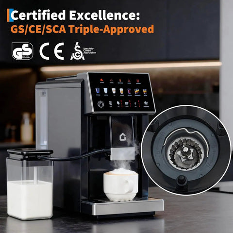 Heavy Duty Espresso Coffee Maker With Adjustable Grinder And Automatic Milk Frother, Featuring A Removable Brewer, Detachable Milk Cup.