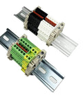 UL Listed AC DIN Rail Terminal Block Kit With Ground Blocks, Jumpers, And End Covers, 20A 600V, 12-22 AWG on metal rails