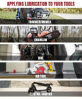 Different tools including trimmer, chainsaw, bike, air tool, and scooter that can be lubricated using Mini Grease Gun For Tight Spots One Handed Push Type With Needle Nozzle 3oz Capacity Handy Lubrication Tool For Lawn Mower Air Tools Bicycles And DIY Projects