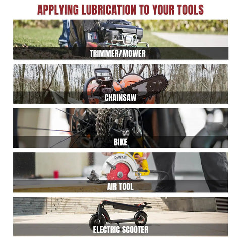 Different tools including trimmer, chainsaw, bike, air tool, and scooter that can be lubricated using Mini Grease Gun For Tight Spots One Handed Push Type With Needle Nozzle 3oz Capacity Handy Lubrication Tool For Lawn Mower Air Tools Bicycles And DIY Projects