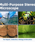 Professional Binocular Stereo Microscope 7X to 45X Zoom With LED Ring Light, Dual Coarse and Fine Focus, Wide Base for PCB Repair, Jewelry, Minerals, and Precision Inspections showing PCB repair, insect, coins, and plant detail