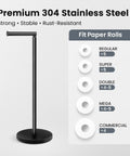 Freestanding Toilet Paper Holder Stand With Extra Heavy Weighted Base And Non Slip Mat Sleek Black Modern Bath Decor showing fit for various paper roll sizes.