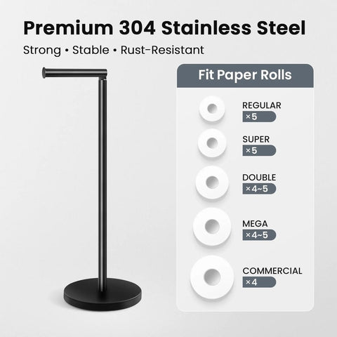 Freestanding Toilet Paper Holder Stand With Extra Heavy Weighted Base And Non Slip Mat Sleek Black Modern Bath Decor showing fit for various paper roll sizes.
