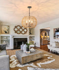 Living room with rustic woven pendant light with hemp rope finish for a coastal beachy vibe 3 light metal basket fixture.