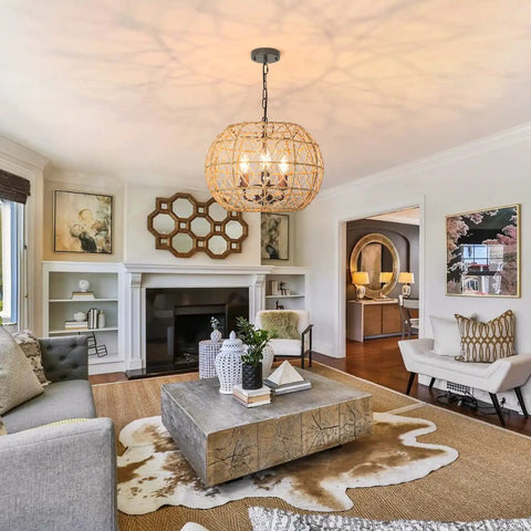 Living room with rustic woven pendant light with hemp rope finish for a coastal beachy vibe 3 light metal basket fixture.