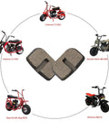Mini Bike Disc Brake Pads For Predator 79cc To 105cc Engines displayed with compatible mini bike models including Coleman and Baja Doodle Bug