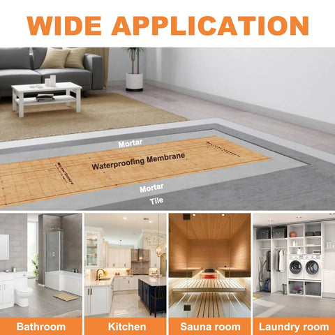 Rock Solid Waterproof Membrane 108 Square Feet With Pre Marked Grid Design and 24 Mil Premium Thick Build for Wet Areas laid in bathroom setup.