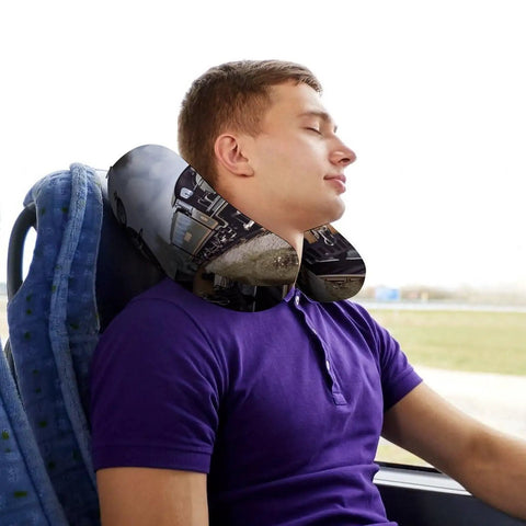 Man using U Shaped Travel Neck Pillow With Head And Neck Support For Long Haul Flights And Road Trips Super Comfy Napping Cushion Ergonomic Cervical Design That Prevents Head Slippage Ideal Travel Pillow For Sleepy Commutes on a bus