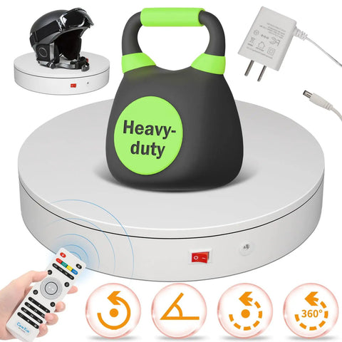 Ultra Smooth 7.9 Inch Motorized Electric Turntable Rotating Display Stand For Product Photography With Remote Control and 360 Degree Spinning Platform with kettlebell and helmet