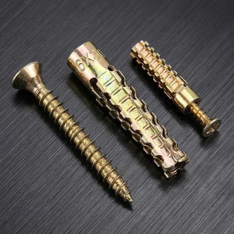 Beefy Hollow Wall Anchors With Screws Kit For Stripped Holes And Loose Hinges showing metal fasteners on black surface