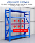 Heavy Duty Four Tier Storage Rack Straight Up Tank Tough Industrial Steel Shelving For Garage And Pantry showing adjustable blue shelves.